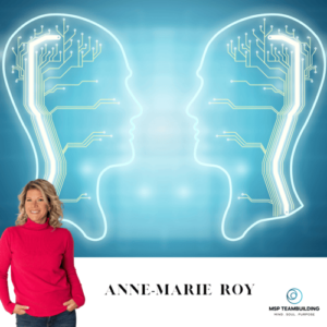 Anne Marie Roy displayed with scientific designs of Two head icons | Team Vision - A Neuroscientific Approach