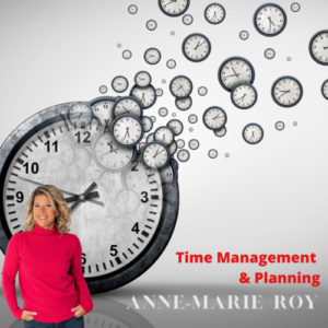 Promotional on a time management course with Anne Marie Roy and time clock behind her