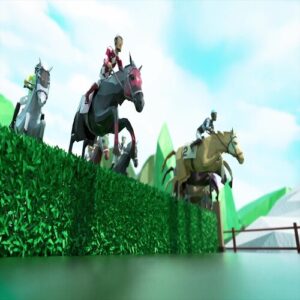 animated group of equastrins jumping over a bush wall
