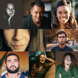 Compiled images of diverse people in different emotions and closeup shots
