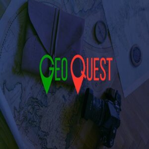 Game display of map and other adventurous props with a text saying "geo quest"