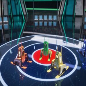 Three colourful robots in the centre of the gaming arena | robolympics game