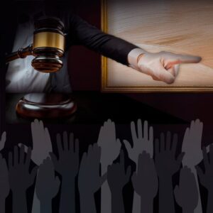 Man with a gavel pointing to many hands being raised in competition to seal an auction deal | The grand auction