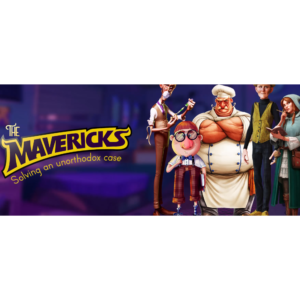 A group of cartoon detectives get ready in stance to solve a murder mystery crime. Behind them is a purple background and to their left side is is a graphic that says 'The Mavericks'.