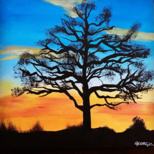 Painting of the tree silhoutte with sunset and beautiful blue sky background.