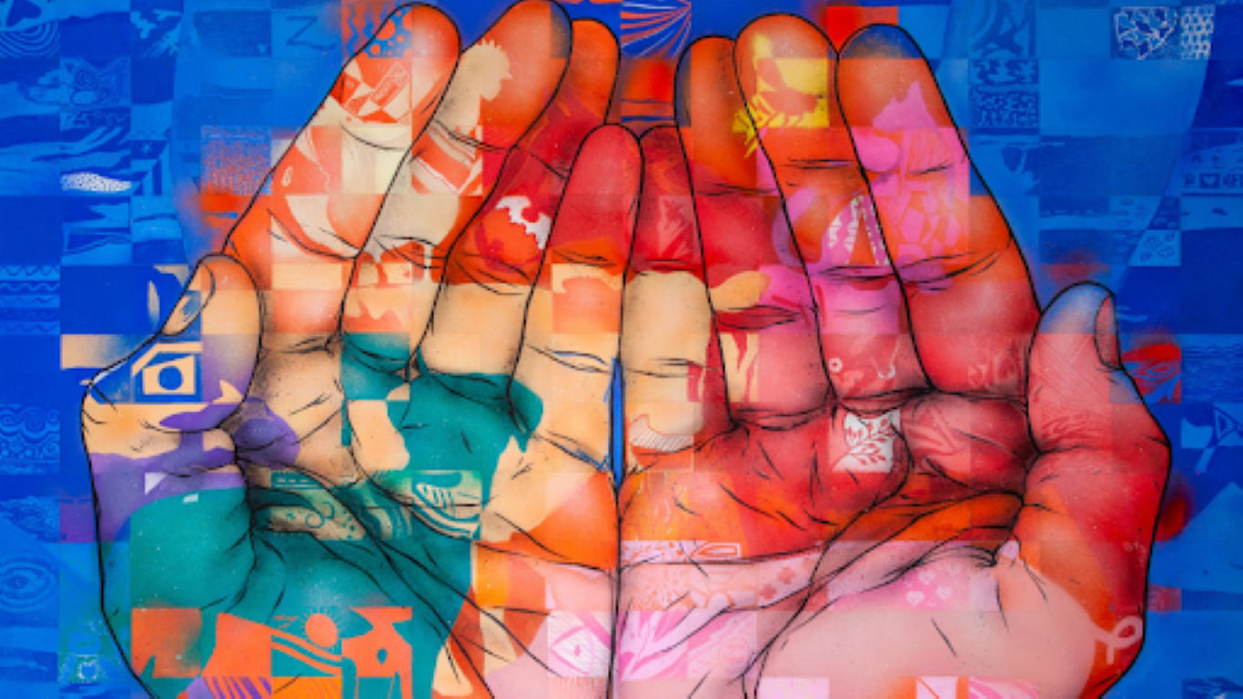 A vibrant, hand-painted mosaic of two cupped hands against a blue background, made up of hundreds of small, colorful tiles symbolizing unity, diversity, and global collaboration.