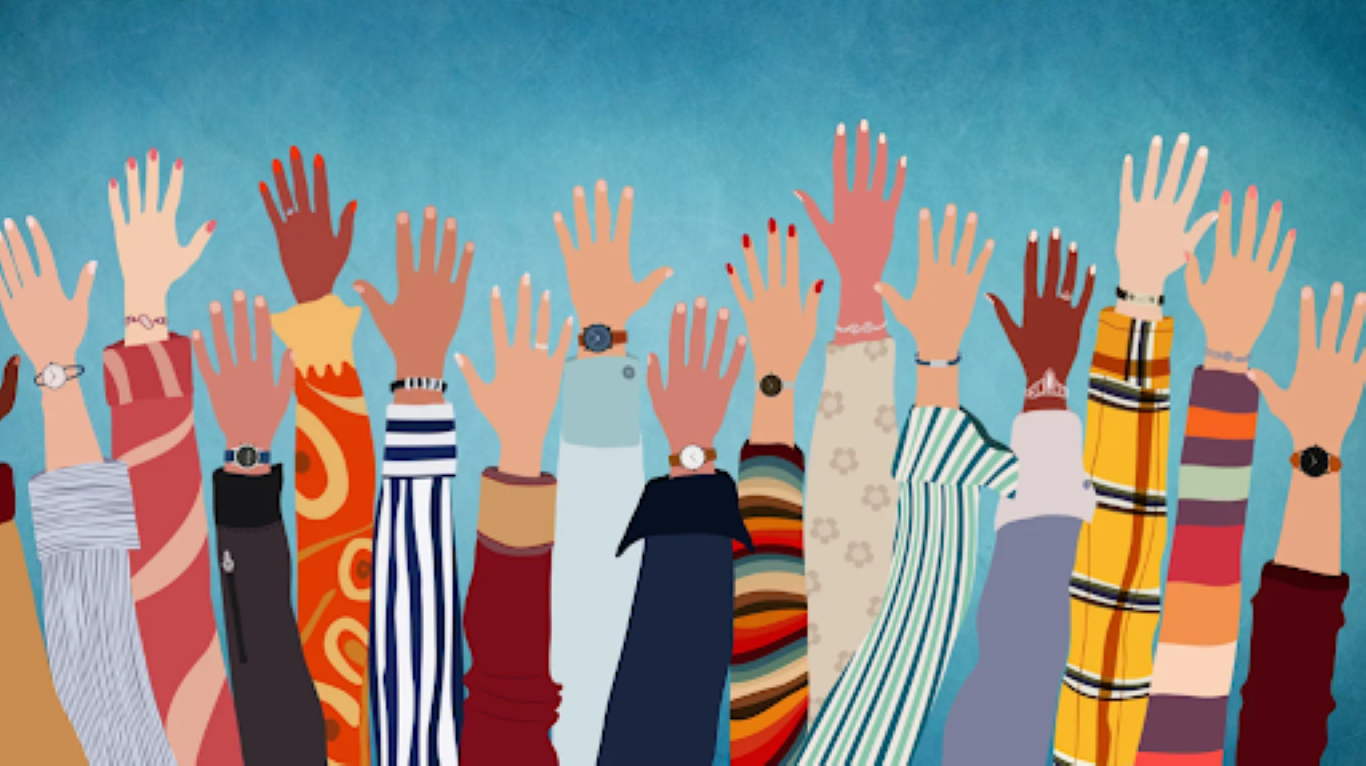 Illustration de mains levées aux teintes de peau variées, représentant la diversité, l’inclusion et la collaboration.