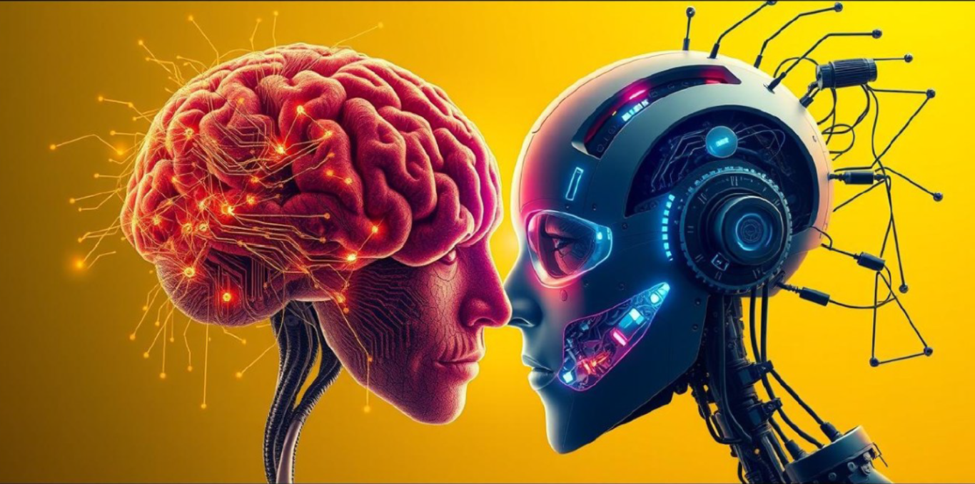 Cerveau humain face à une tête robotisée d’IA, illustrant le leadership, la prise de décision et le jugement humain à l’ère de l’intelligence artificielle.