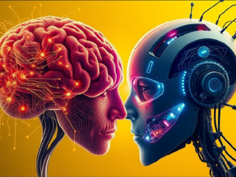 Human brain facing an AI robot head symbolizing leadership, decision-making, and human judgment in the age of artificial intelligence.